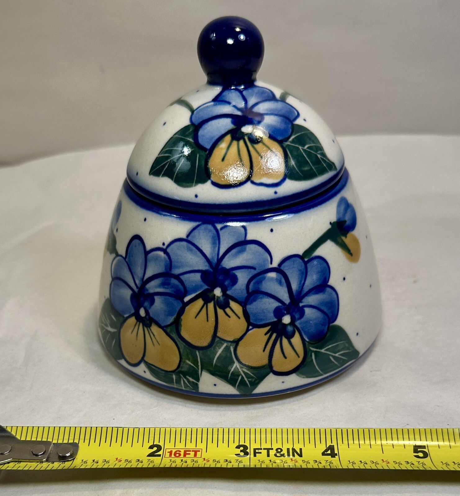 Boleslawiec Sugar Bowl - Pottery Blue Butterflies & Flowers - Signed by Artist - Image 4