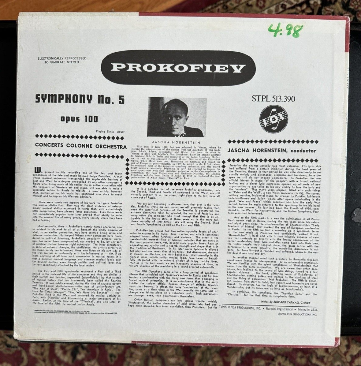 SEALED: Prokofiev Symphony No 5 Jascha Horenstein - VOX 513-390 - Image 1