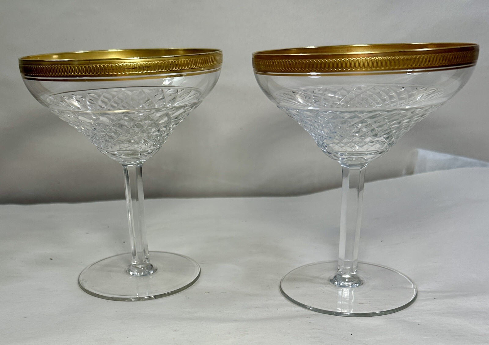 Two Tiffin Fransician Minton Champagne / Sorbet Clear Glass With Gold Bands
