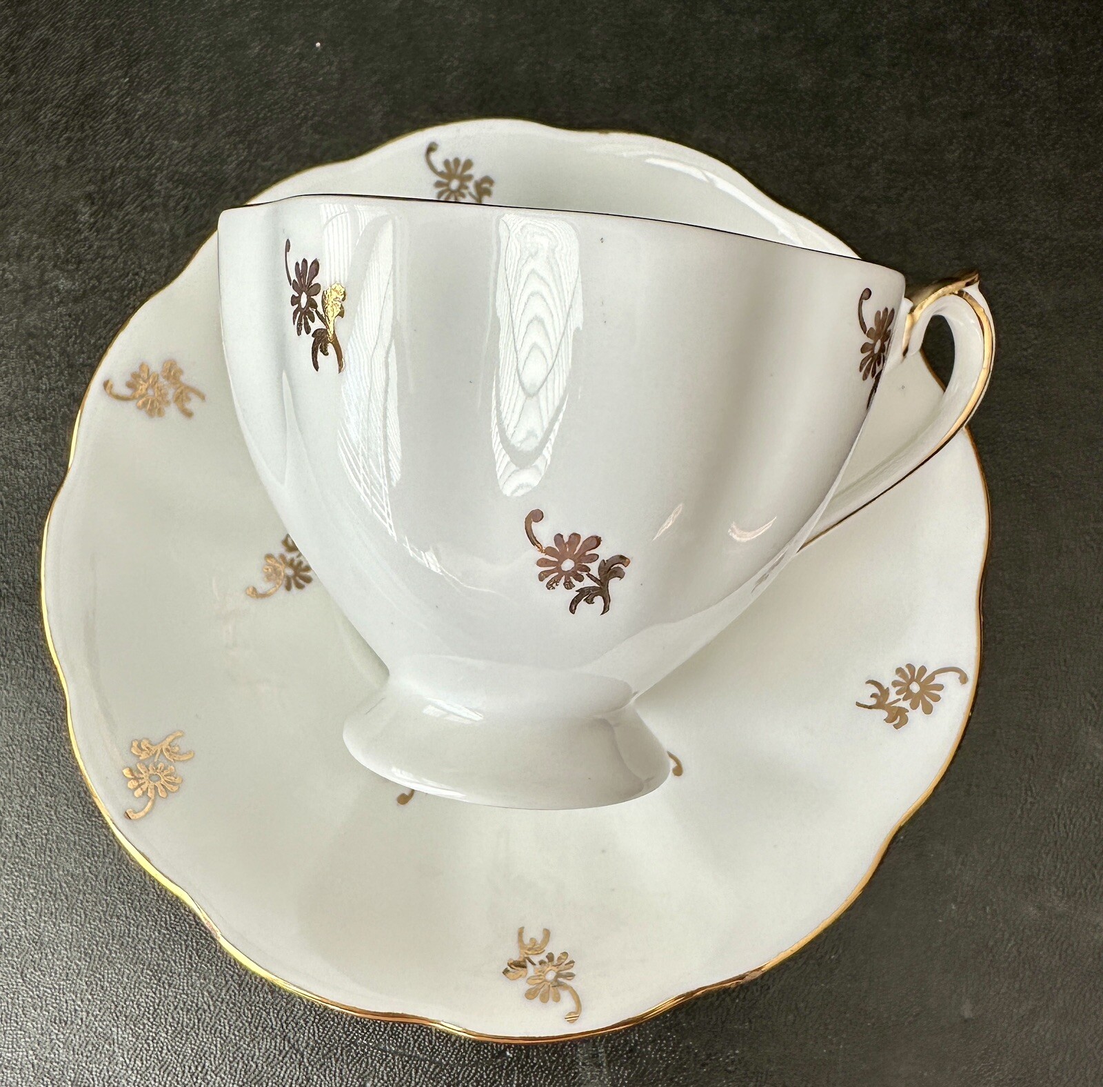 Queen Anne Tea Cup and Saucer - Gold Floral, White and Pale Blue - Image 2