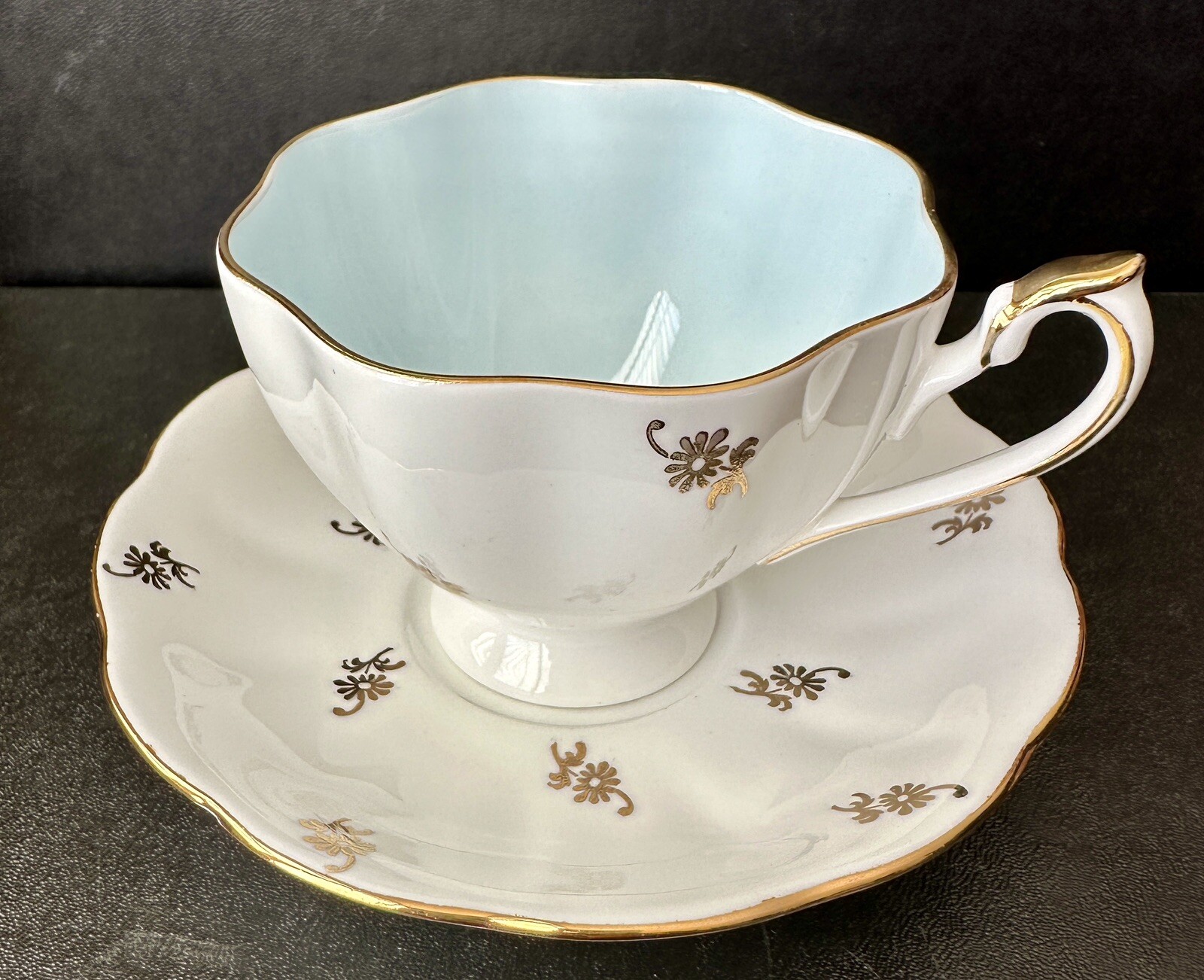Queen Anne Tea Cup and Saucer - Gold Floral, White and Pale Blue