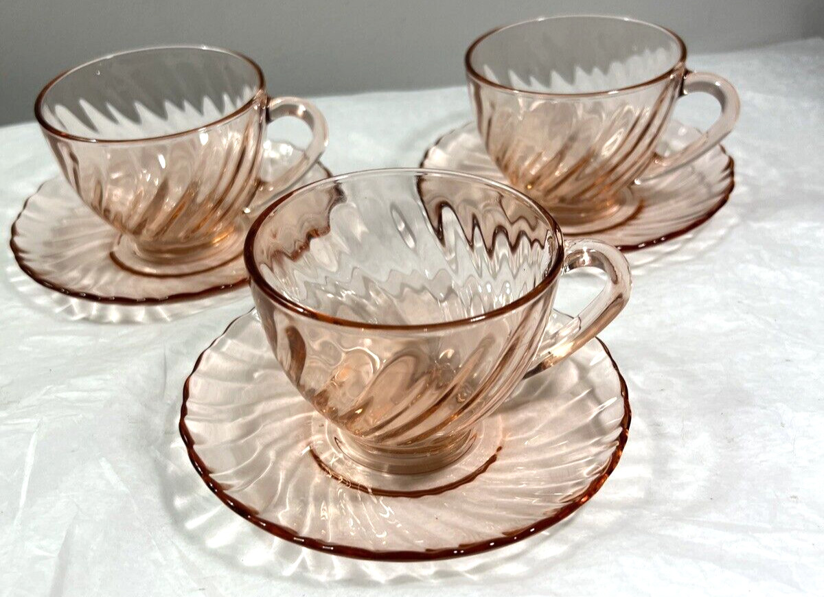 Three (3) Arcoroc of France Pink Swirl Vintage Coffee/Tea Cups and Saucers