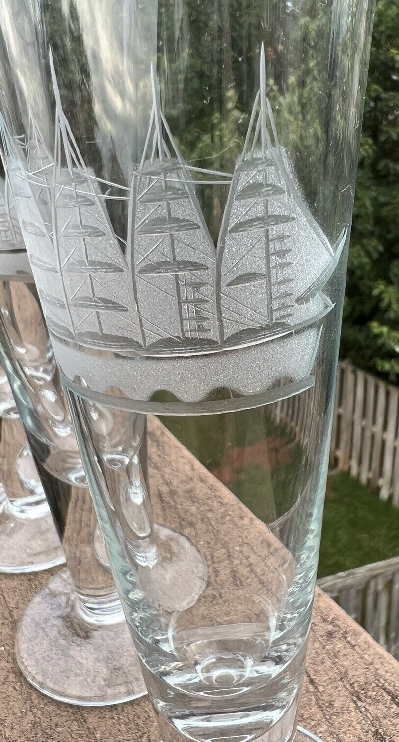4 Vintage Clipper Hand Cut Blown Glass Etched Pilsner Glasses Ships 10" - Image 2