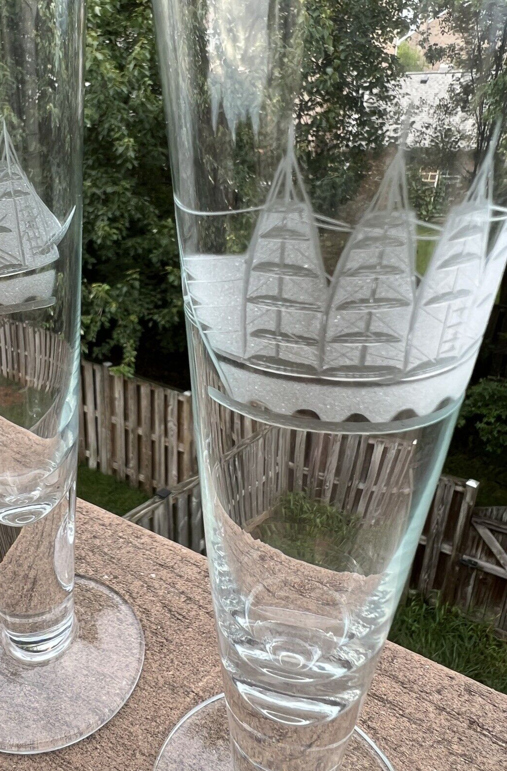 4 Vintage Clipper Hand Cut Blown Glass Etched Pilsner Glasses Ships 10" - Image 3