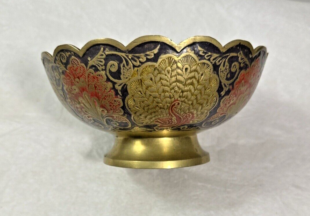 Painted Brass Bowl - Morocco - Peacock Motif - 6.25" Wide, 3" Deep - 1950s - Image 1
