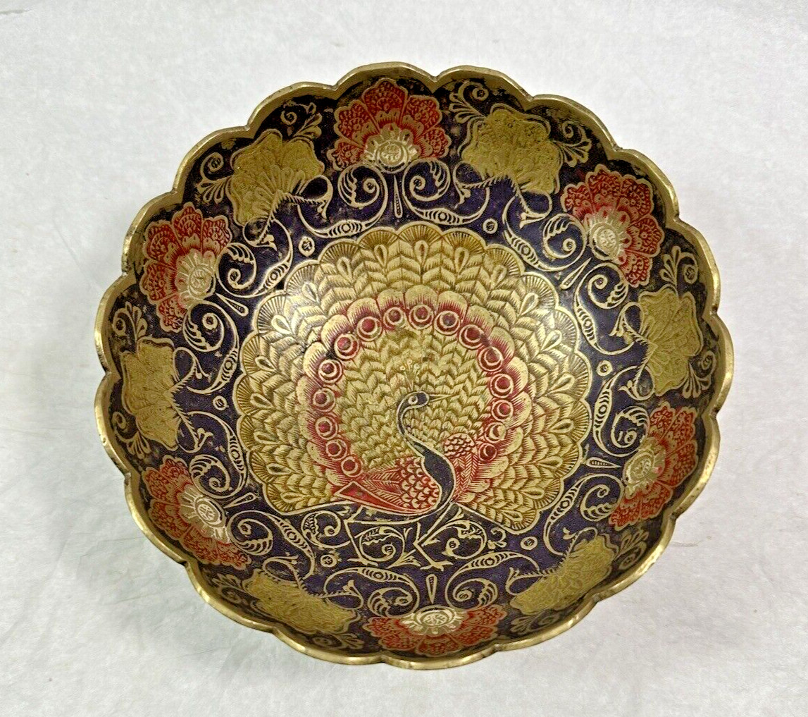 Painted Brass Bowl - Morocco - Peacock Motif - 6.25" Wide, 3" Deep - 1950s - Image 2