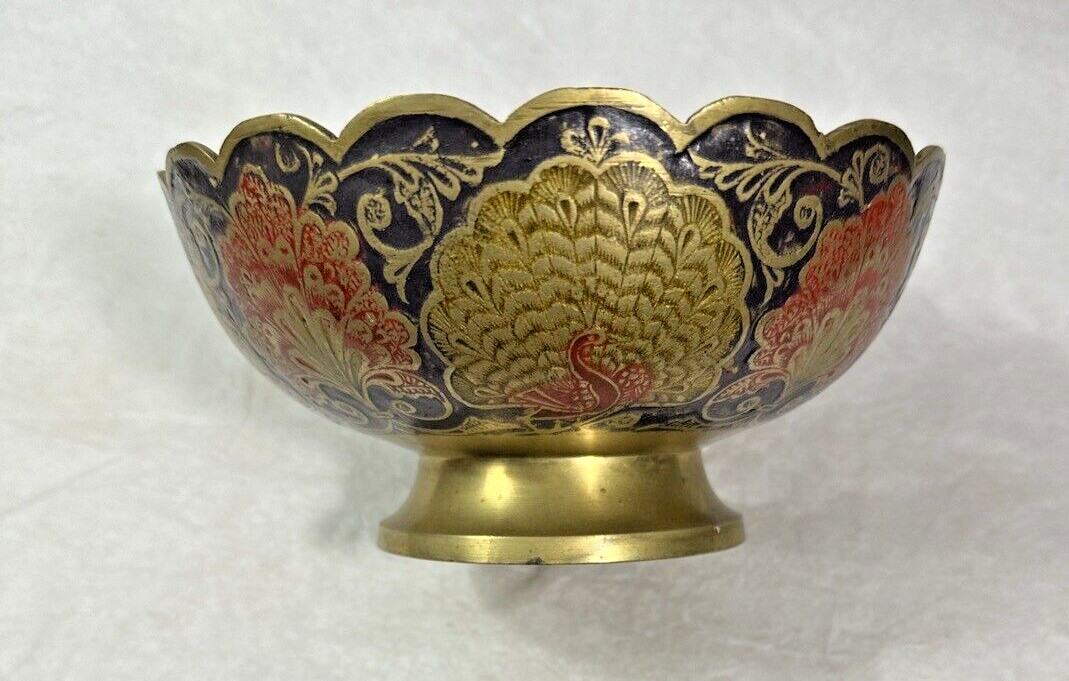 Painted Brass Bowl - Morocco - Peacock Motif - 6.25" Wide, 3" Deep - 1950s - Image 4
