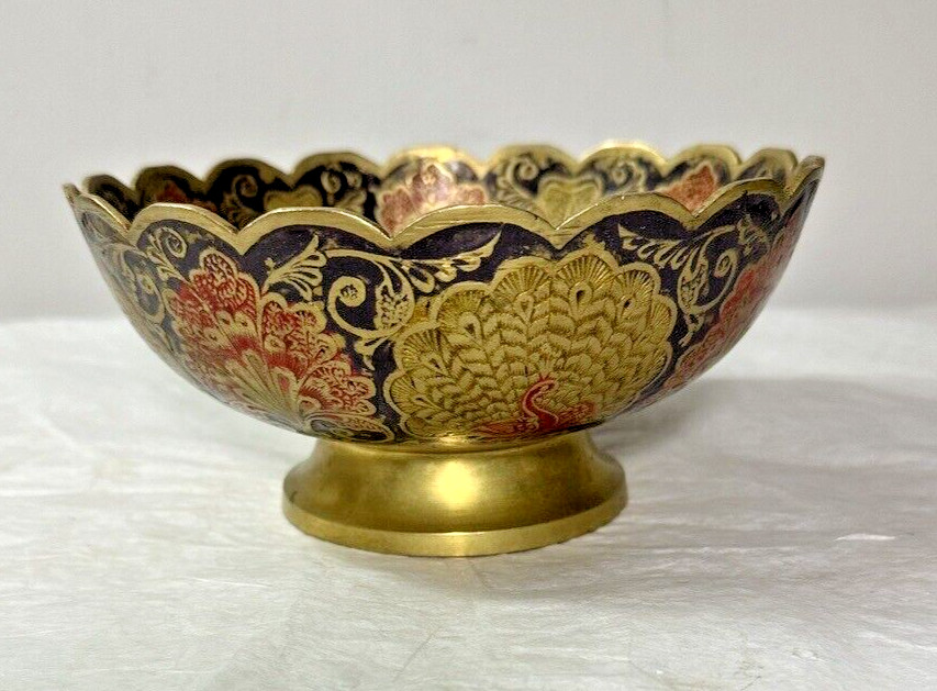 Painted Brass Bowl - Morocco - Peacock Motif - 6.25" Wide, 3" Deep - 1950s