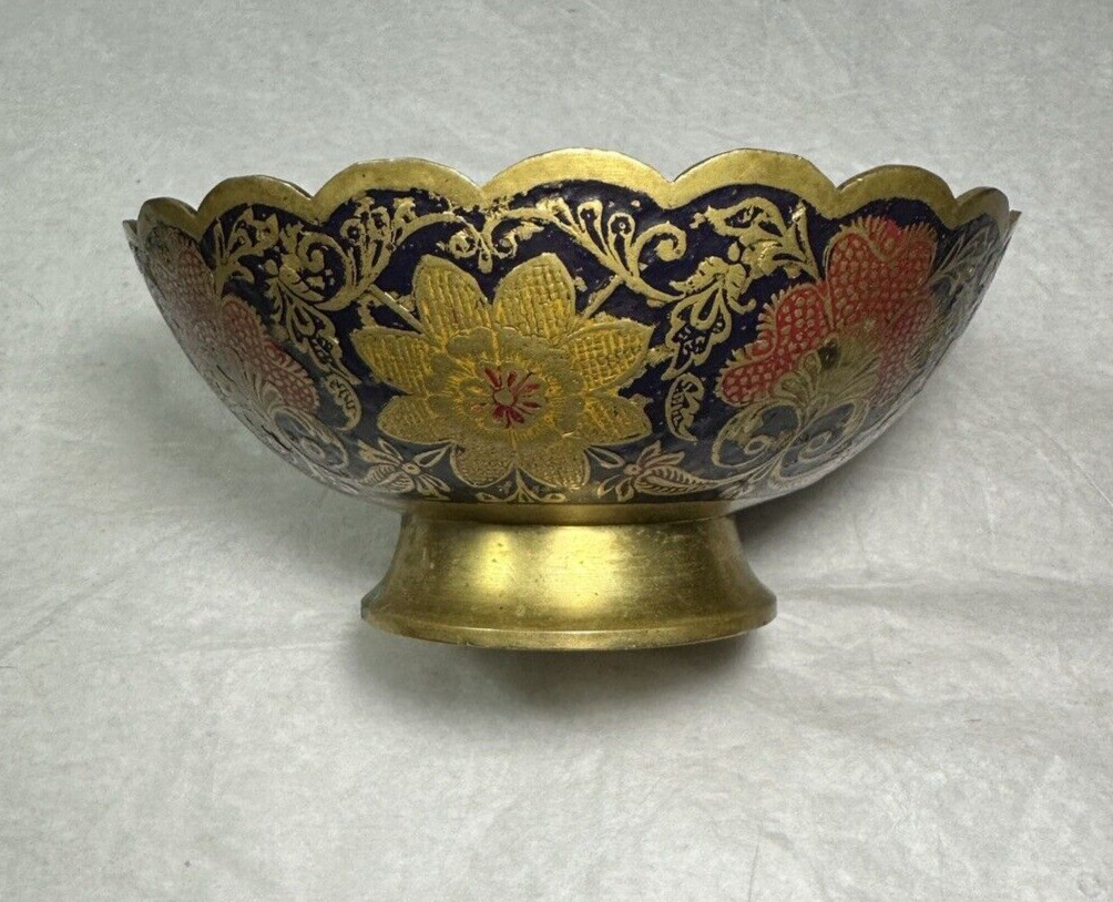 Painted Brass Bowl - Morocco - Peacock Motif - 6.25" Wide, 3" Deep - Image 1