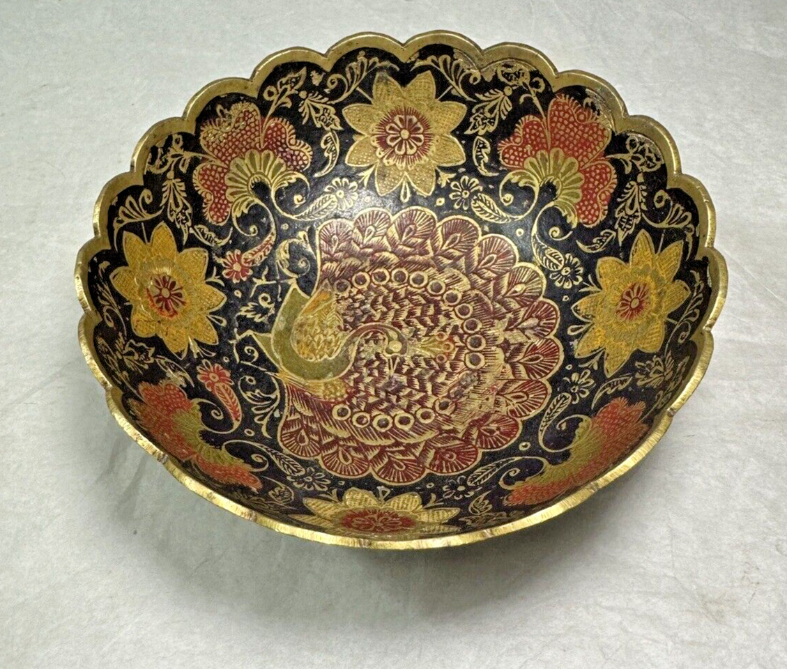 Painted Brass Bowl - Morocco - Peacock Motif - 6.25" Wide, 3" Deep - Image 4
