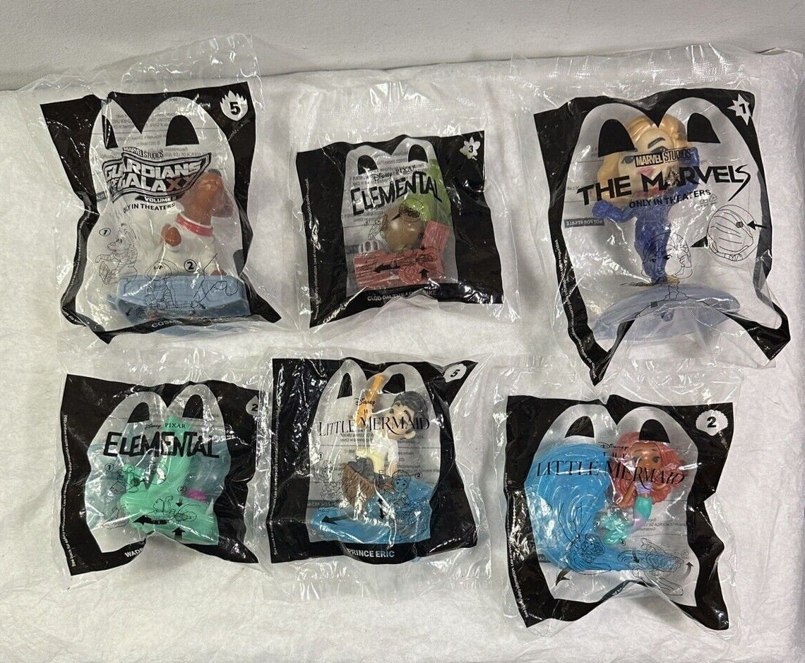SIX (6) NEW McDonald’s Happy Meal Toys - Ariel, Prince Eric, Cap. Marvel, Cosmo