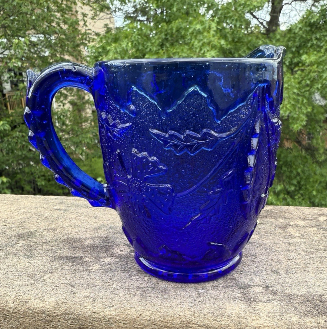 Vintage Cobalt Blue Creamer 4" Tall - Floral Pattern