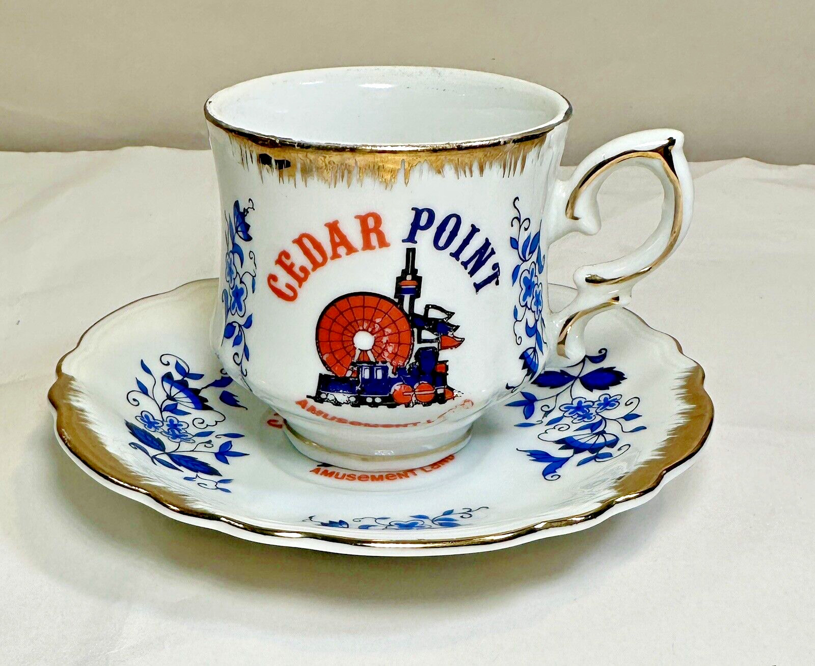 Vintage Ceramic Cedar Point Amusement Land Teacup and Saucer - Original Tags