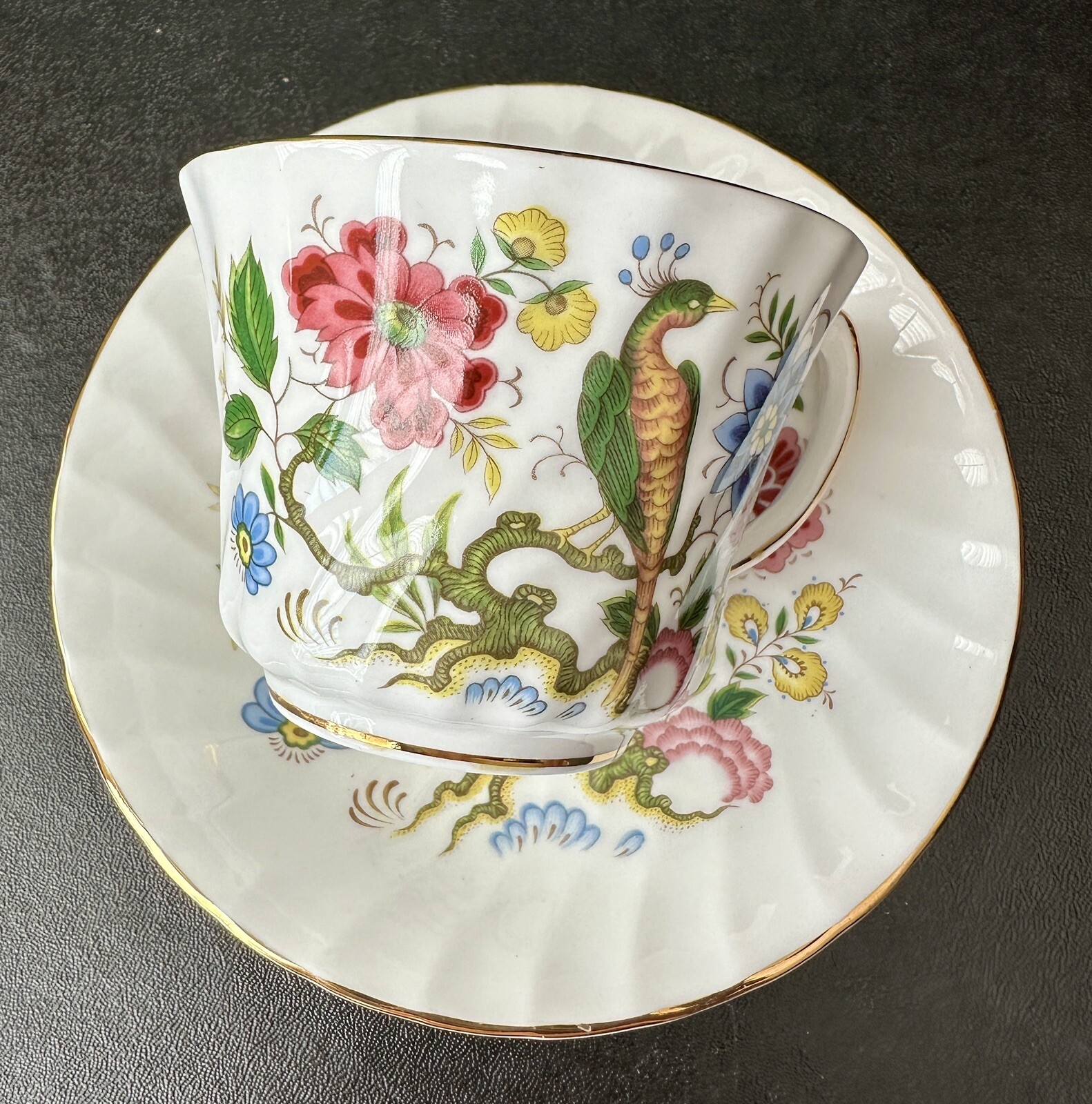 Royal Sutherland Staffordshire UK Teacup & Saucer - Bird and Floral Gold Trim - Image 2