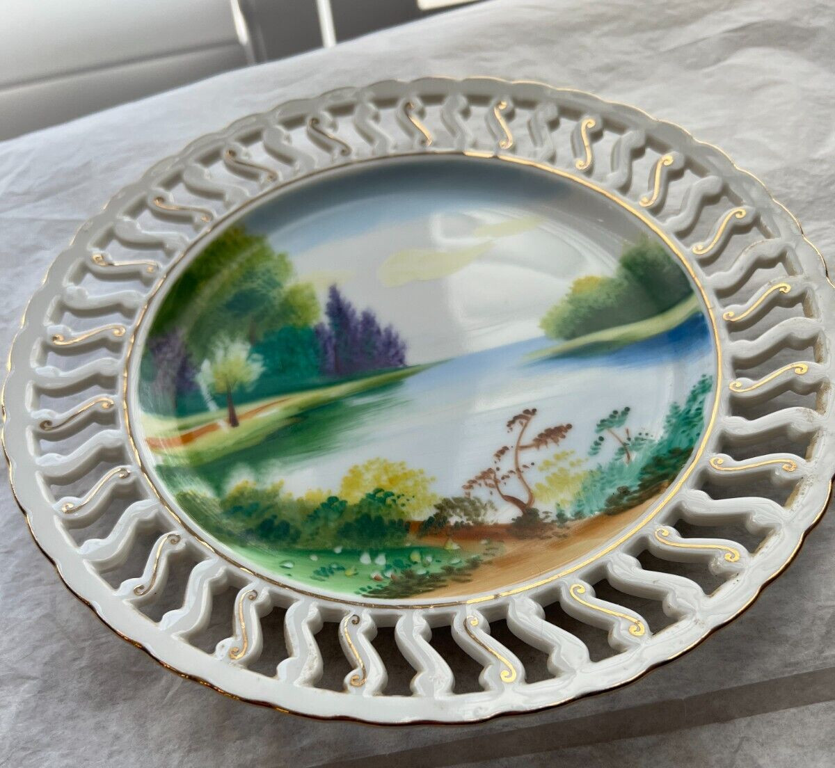 Vintage Ucagco Hand Painted Japanese Porcelain Plate - Lattice Edge - Image 1