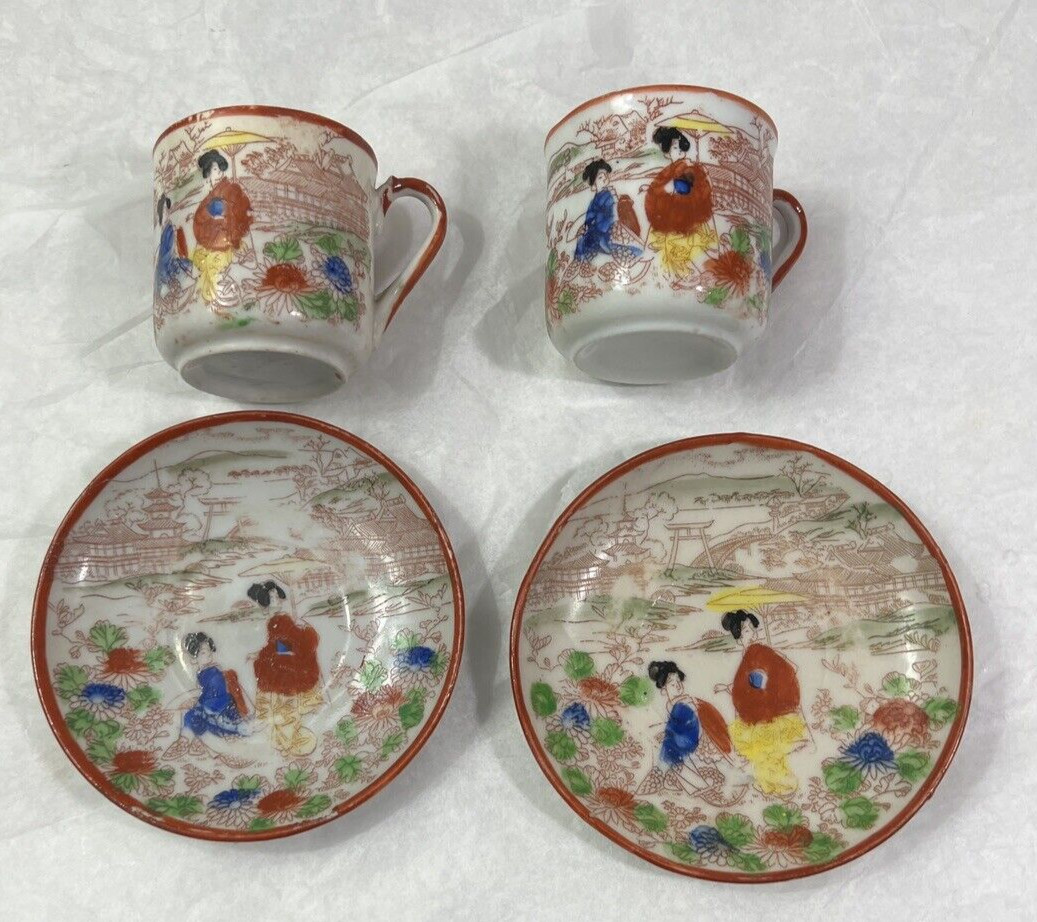 Vintage Geisha Girl Japanese Teacups & Saucers, Japanese Gardens,  Asian Decor - Image 1