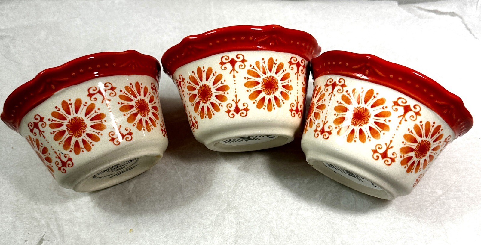 Three (3) Pioneer Woman Stoneware Ramekins Dipping Bowls - Floral Bursts (Red)