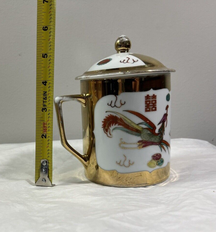 Vintage Gold Dragon & Phoenix Porcelain Coffee / Tea Mug with Lid - Image 4