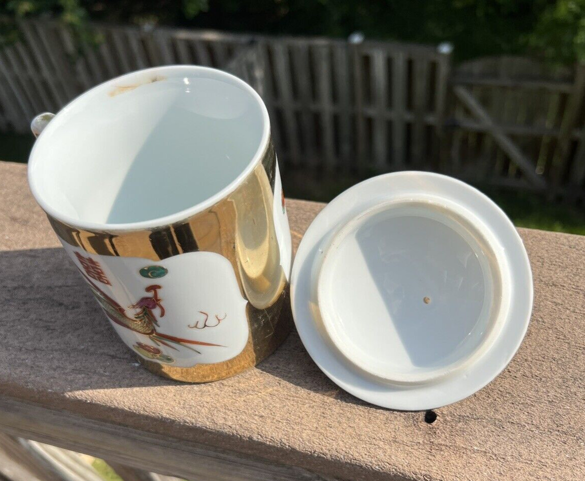 Vintage Gold Dragon & Phoenix Porcelain Coffee / Tea Mug with Lid - Image 7