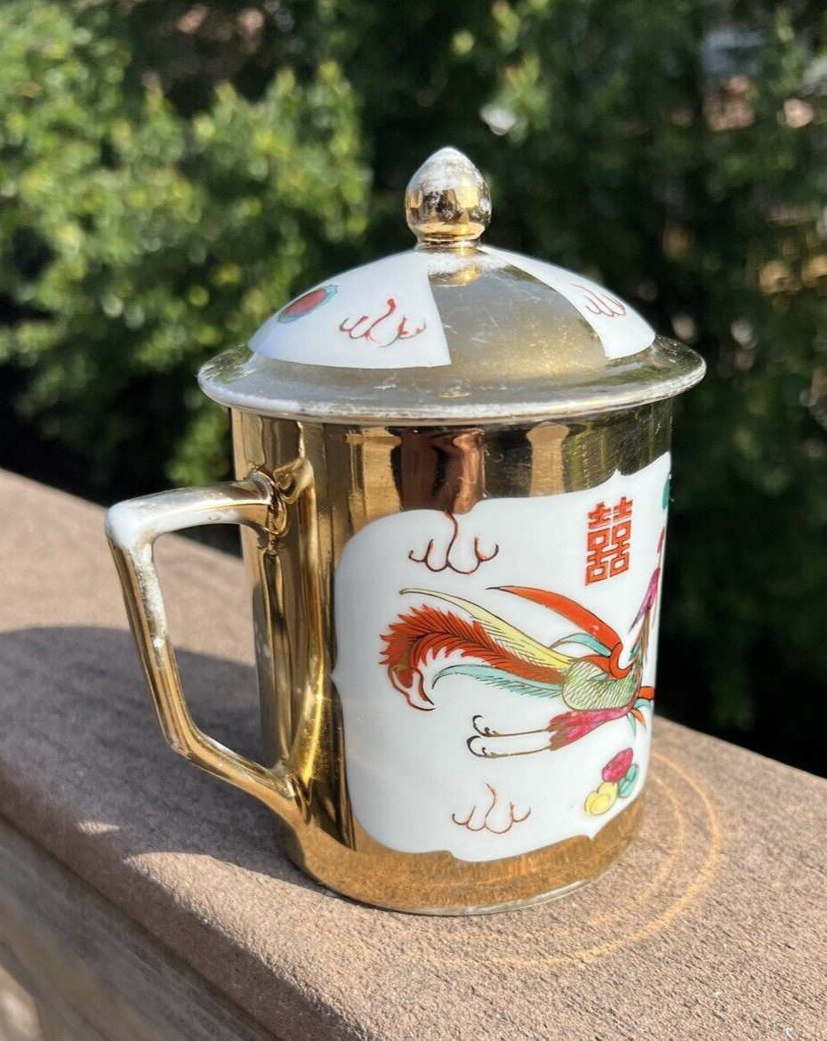 Vintage Gold Dragon & Phoenix Porcelain Coffee / Tea Mug with Lid - Image 9
