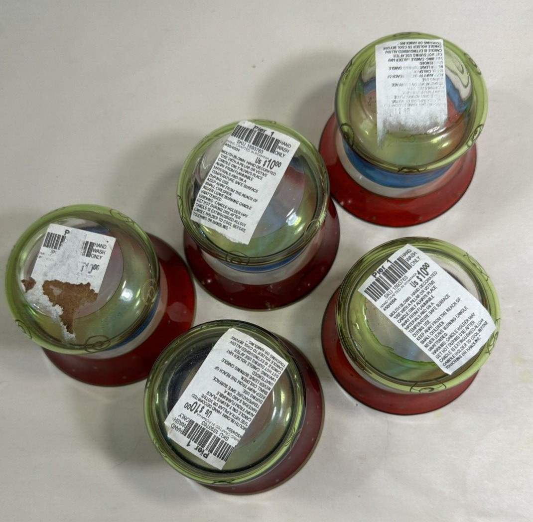 Pier 1 Votive Tealight Holder Glossy Red Green Blue with Matte Gold Accents - Image 4