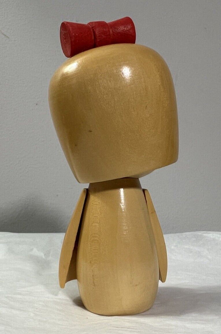 Japanese Kokeshi Blonde Red Bow Wooden Doll Girl Flower Painted 5 1/4” - Image 3