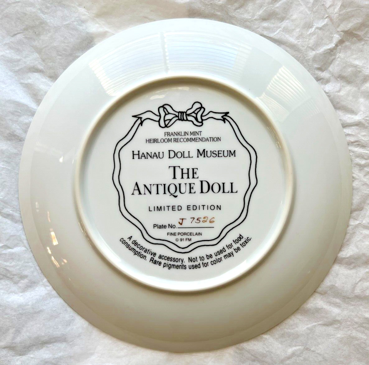 1991 Franklin Mint Hanau Doll Museum "The Antique Doll" Limited Edition Plate - Image 1