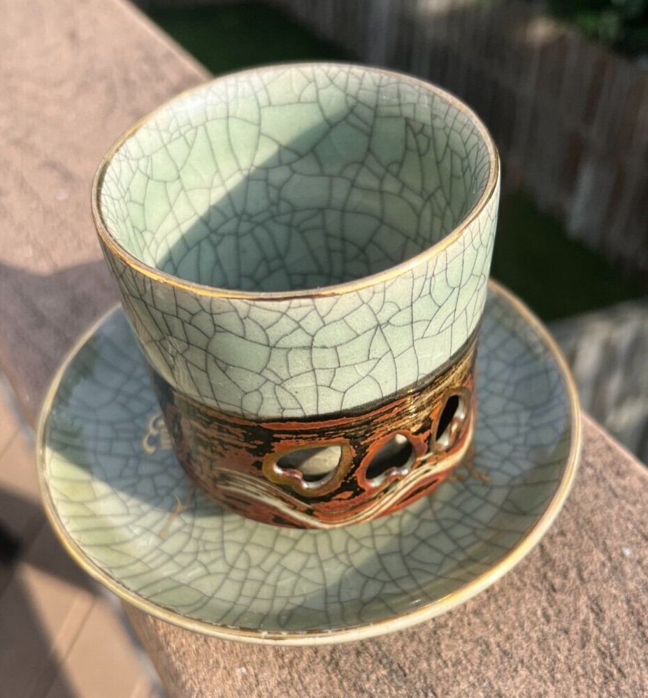 Gold Horse Somayaki Double-Wall Soma Ware Crackle Glaze Cup and Saucer - Image 1