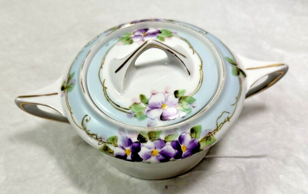 Nippon Hand Painted Porcelain Sugar Bowl with Lid - Purple Floral Japan - Image 1