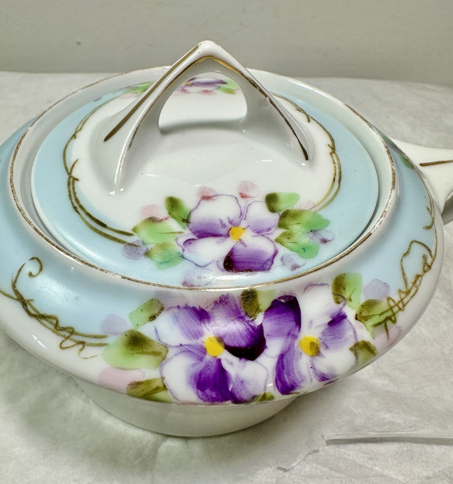 Nippon Hand Painted Porcelain Sugar Bowl with Lid - Purple Floral Japan - Image 4