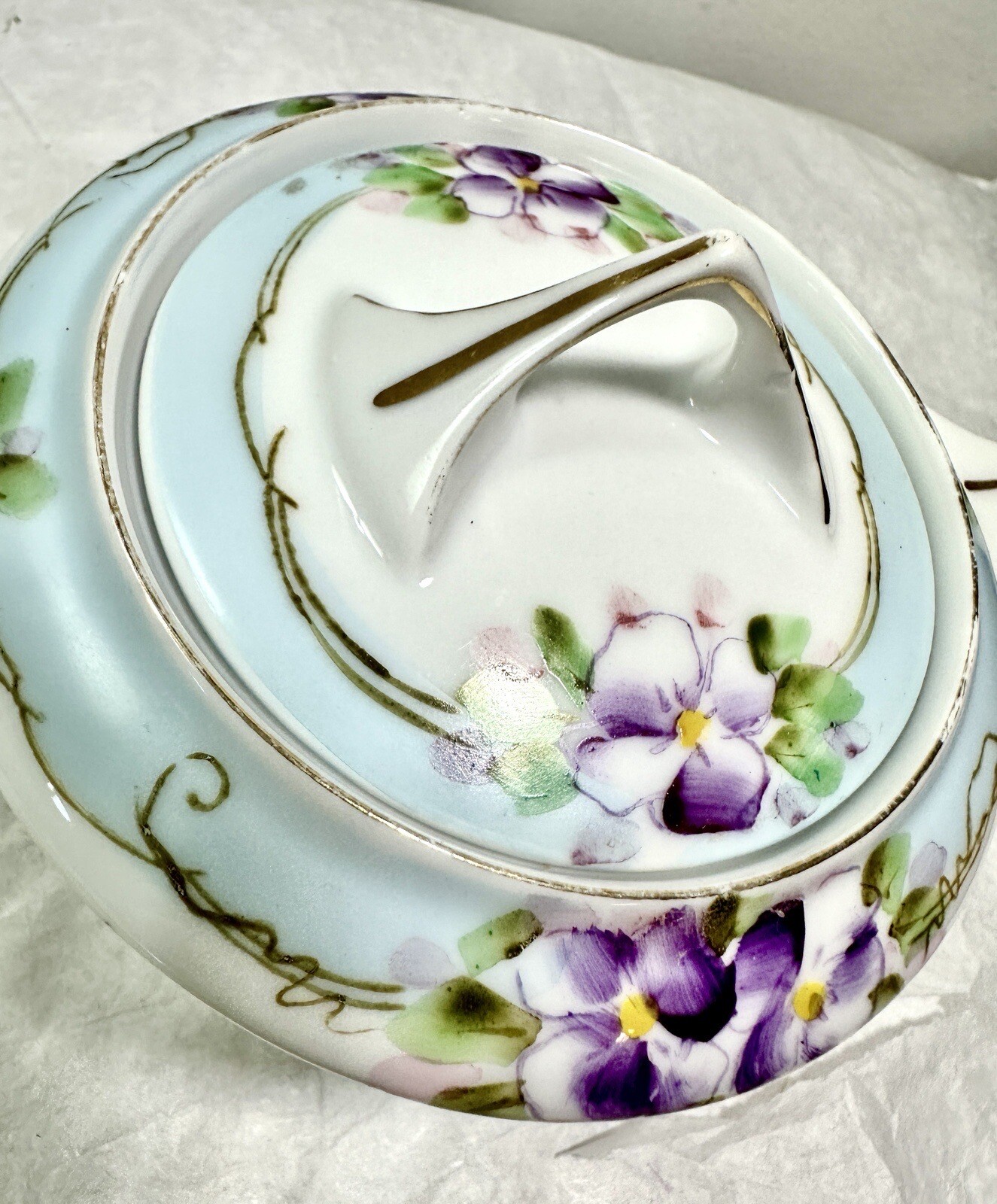 Nippon Hand Painted Porcelain Sugar Bowl with Lid - Purple Floral Japan - Image 8