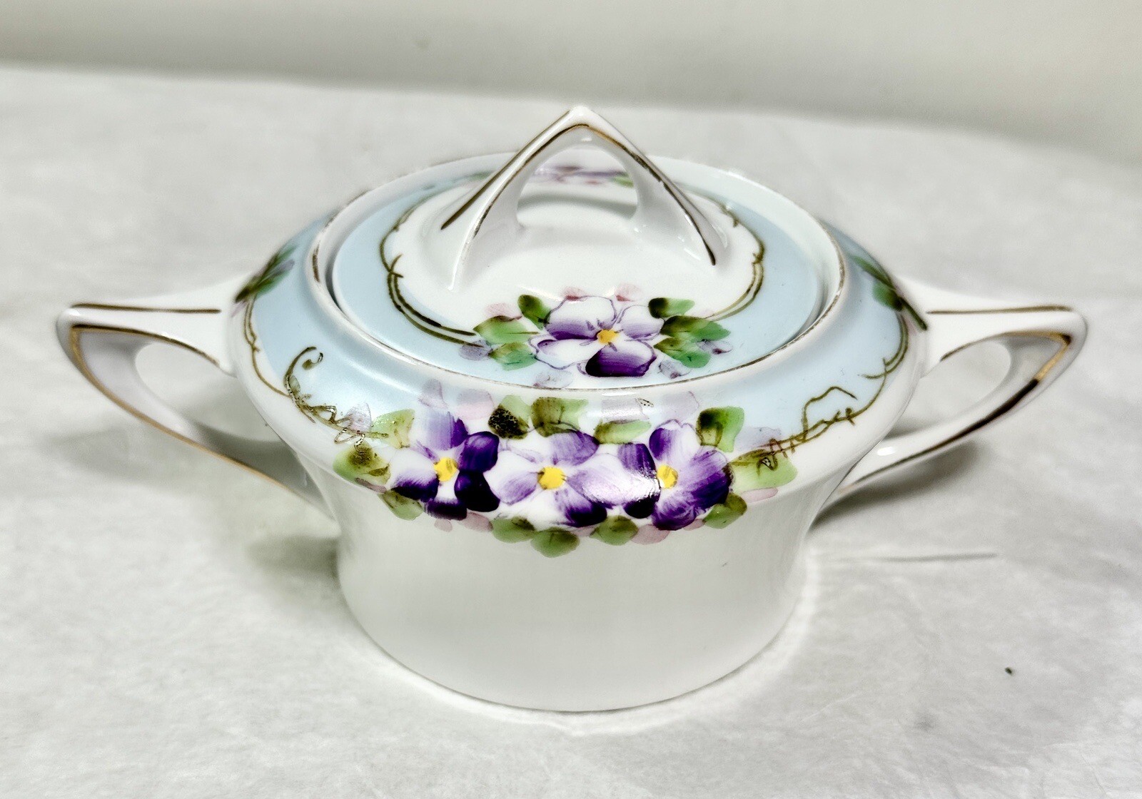 Nippon Hand Painted Porcelain Sugar Bowl with Lid - Purple Floral Japan