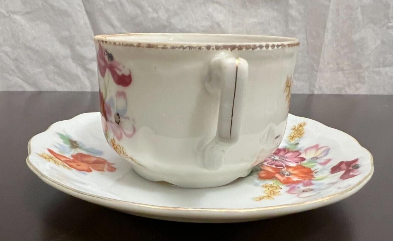 Occupied Japan Tea Cup / Saucer Hand Painted Flowers Pink Orange Violet - Image 3