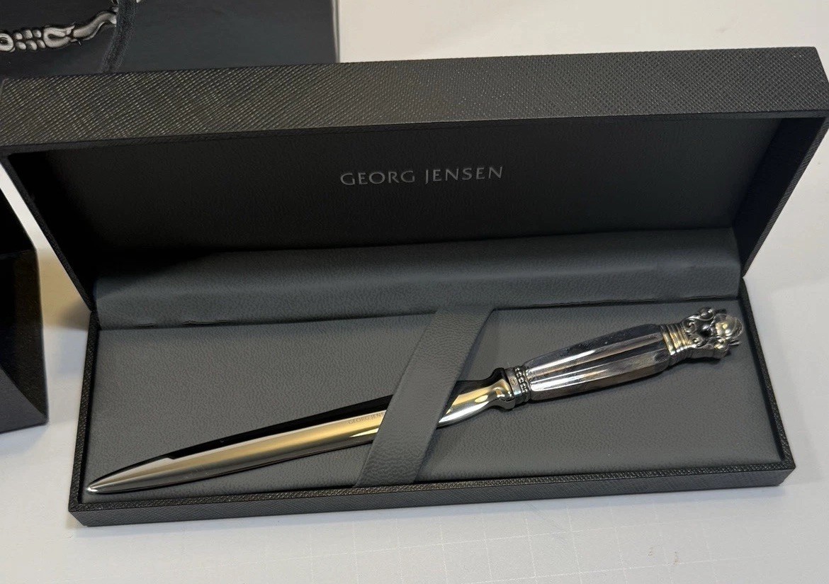 Georg Jensen Denmark Sterling Silver 925 Acorn Letter Opener, Box, and Bag - Image 7