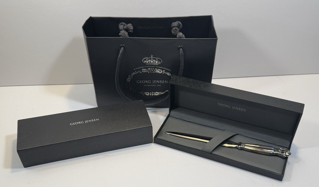 Georg Jensen Denmark Sterling Silver 925 Acorn Letter Opener, Box, and Bag