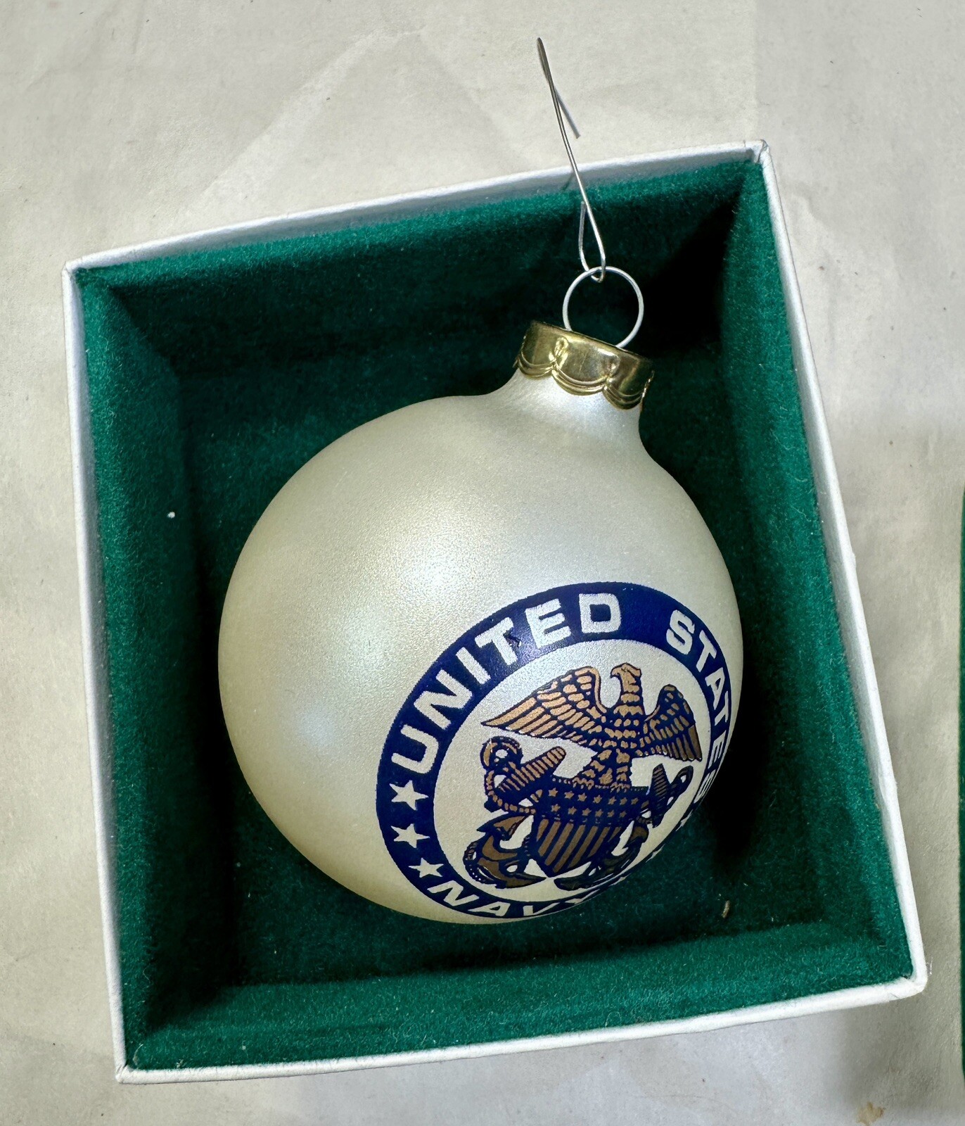 US Navy Christmas Ornament Large Hand Painted Globe - Green Velvet Covered Box - Image 3
