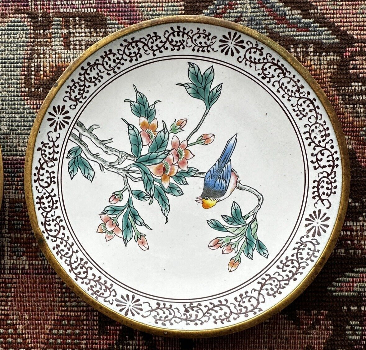 Two (2) Vintage Brass Chinese Enamel Painted Bowls -- 5 1/4 " - Image 2