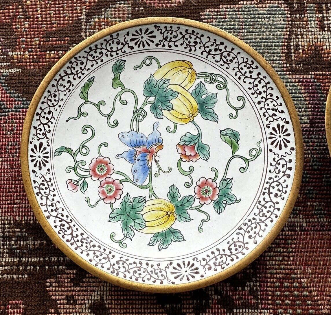 Two (2) Vintage Brass Chinese Enamel Painted Bowls -- 5 1/4 " - Image 4