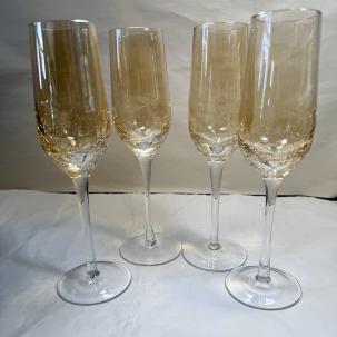 Set of 4 (Four) Pier 1 Amber Crackle Flutes Champagne Stems/Glasses - NOS