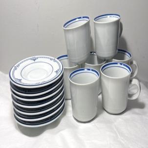 Seven (7) Mikasa Cera Stone Newport NB500 Blue Coffee Cups / Saucers - Japan