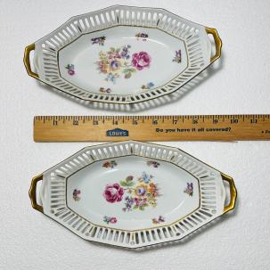 Two East German Porcelain Serving Dishes - Purple Flowers Gold Trim Latice Edge