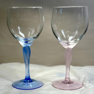 2 Lenox Spring Mist Blue / Pink Frosted Stem Water Goblets/Wine Glasses - 8 3/4"