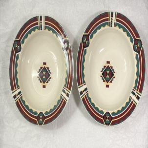 Two Tienshan Stoneware Southwestern Green, Brown and Cream Soup / Cereal Bowls