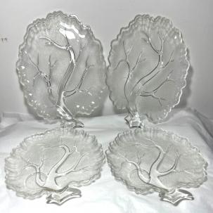 4 Vintage Hazel Atlas Orchard Tree of Life Frosted Glass Snack Trays (No cups)