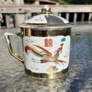 Vintage Gold Dragon & Phoenix Porcelain Coffee / Tea Mug with Lid