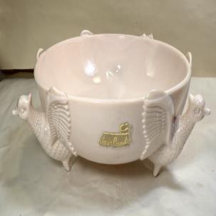 Vintage Jeannette Co Shell Pink Milk Glass Footed 3 Pheasant Bowl - Small Chip