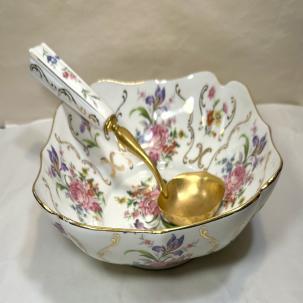 France Louis Lourioux Foecy Serving Bowl and Ladle - Gold Trim - Immaculate