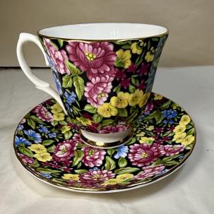 Bethany Cup & Saucer Staffordshire England Black Pink Blue Floral Chintz Teacup