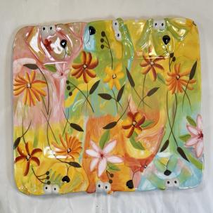 Flower Dog Artist Serving Platter / Wall Hanging 8 x 12" - New Old Stock