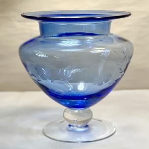 Ftd Florists Transworld Delivery Blue Etched Glass Pedestal Vase 9" Tall